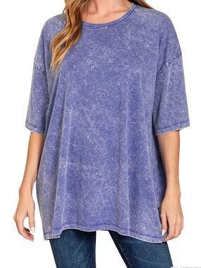 Acid Wash Cotton Drop Shoulder Boyfriend Box Tee in Blueberry